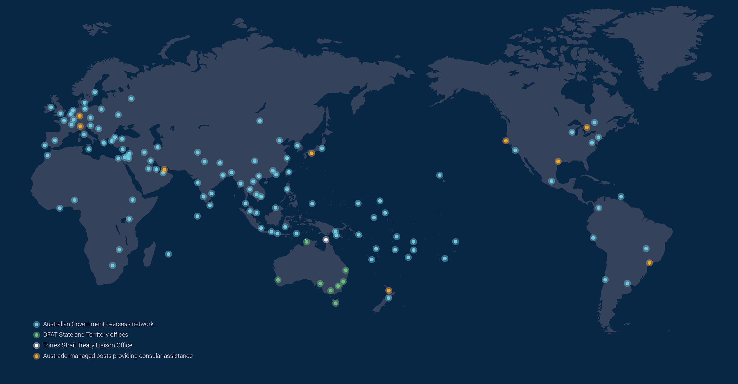 World map showing locations of Australian Government overseas network; DFAT state and territory offices; Torres Straight Treaty Liaison Office; Austrade-managed posts providing consular assistance. Full list available at Appendix B.